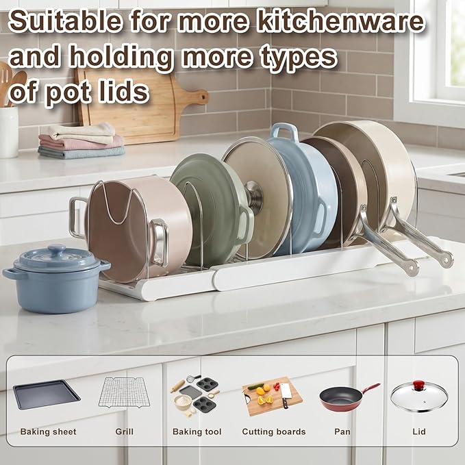 Expandable Pots and Pans Organizer Under Cabinet, 7 Stainless Steel Dividers, HIPS Base, 13-22 inch Heavy Duty Pan Rack with Lid Holder, Pot Organizer Inside Cabinet for Kitchen Storage