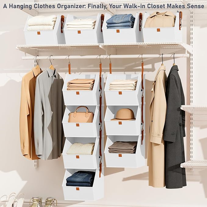 DIMJ Hanging Closet Organizer - 4 Tier Collapsible Hanging Shelves with Hooks Zipper, Fabric Clothes Organizer, Space-Saving Storage Bin Basket for RV, Bedroom, Laundry Organization
