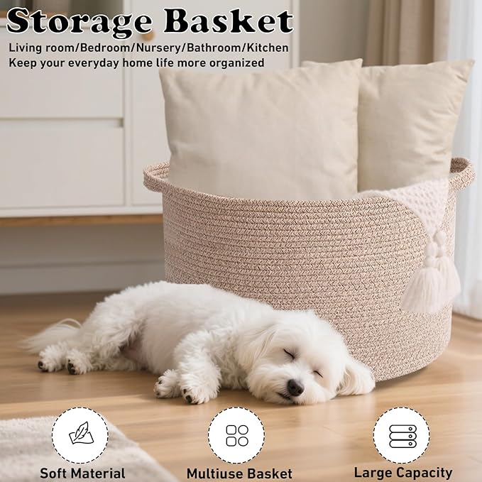 65L Large Blanket Basket,19.7" L x 19.7" W x 13" H Rope Woven Baskets with Handles, Toys Storage Bins,Laundry Basket Perfect for Living Room, Nursery,Bedroom,Home Organization,Brown