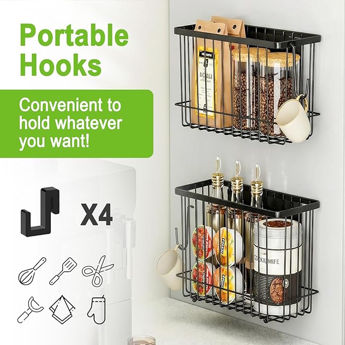 Funvalley Surperfect Magnetic Wire Mesh Storage Baskets, Black Steel Wall Mount Organizers, 2-Pack Large and Medium, Modern Industrial Style, 14 lbs Capacity