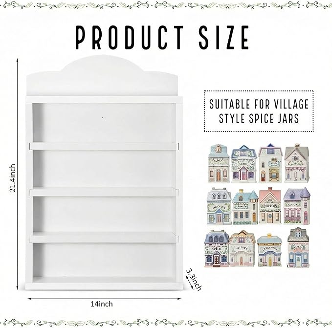 Chunful Vintage Spice Village Wooden Rack 22 x 17 x 4 Inches White Display Rack with 4 Shelves for Wall Mounting Kitchen Storage Spice Village Display Shelf for 24 Jars, Shelf Only