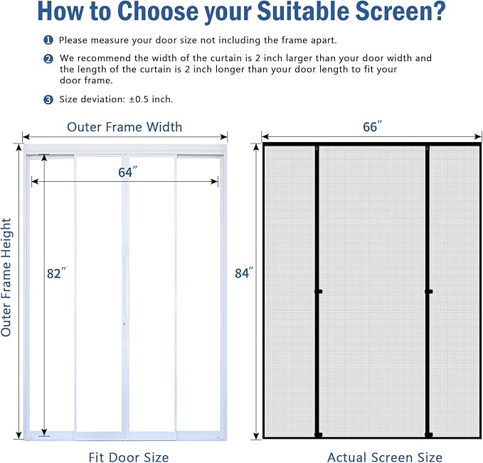 WochiTV Sliding Screen Door Fits Door Size 64 x 82, Magnetic Screen Door Screen Size 66" x 84", Double Opening Mesh Net Curtain with Magnet Hands Free Great for French Door Pet Kid