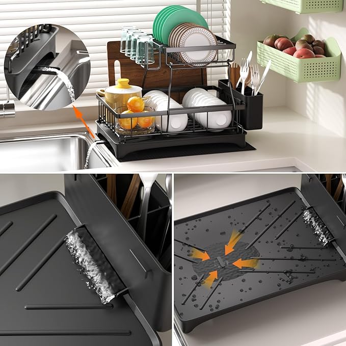 Godboat Dish Drying Rack, 2-Tier Dish Rack with Auto-Drain & Mat, Dish Racks for Kitchen Counter, Dish Drainer with Knife, Fork & Cup Rack, Gifts for Women, Mothers Day, Cool Stuff & Kitchen Gadgets