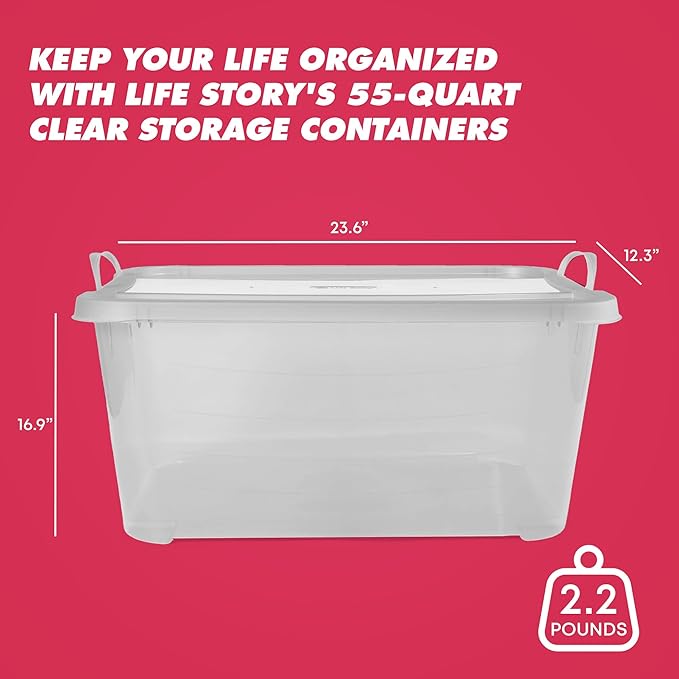 Life Story 24 Pack Light Duty Stackable Storage Bin, 55 Quart Home Organizer, Versatile Lightweight Locking Bins with Carrying Handles, Clear
