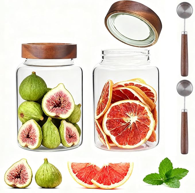 Patoper Glass Coffee Jars Spice Jar Round Storage Canister with Wooden Lid Clear Glass Food Jar for Pantry Sugar Tea Coffee Bean Spice Nuts Cookies Bath Salts (1800ml/60oz-2PACK（with spoon)