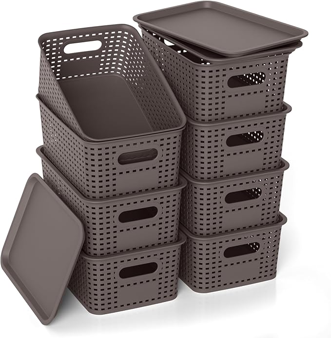 Plastic Storage Basket with Lid, Stackable Small Box Bins for Organizing and Containers for Shelves Drawers Desktop Closet Playroom Pantry Classroom Office Home, 8 Pack 10.2x7.2x4.1 Inch, Brown