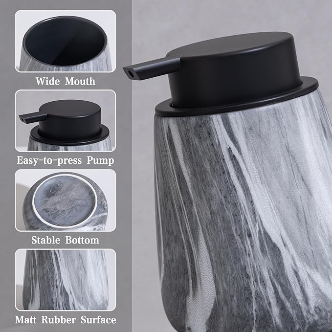 12Oz Foaming Hand Soap Dispenser - Ceramic Bathroom Foam Soap Dispenser with Easy-to-Press Black Pump, Refillable Lotion Hand Dispenser, Dish Soap Dispensers for Kitchen, Marble Grey