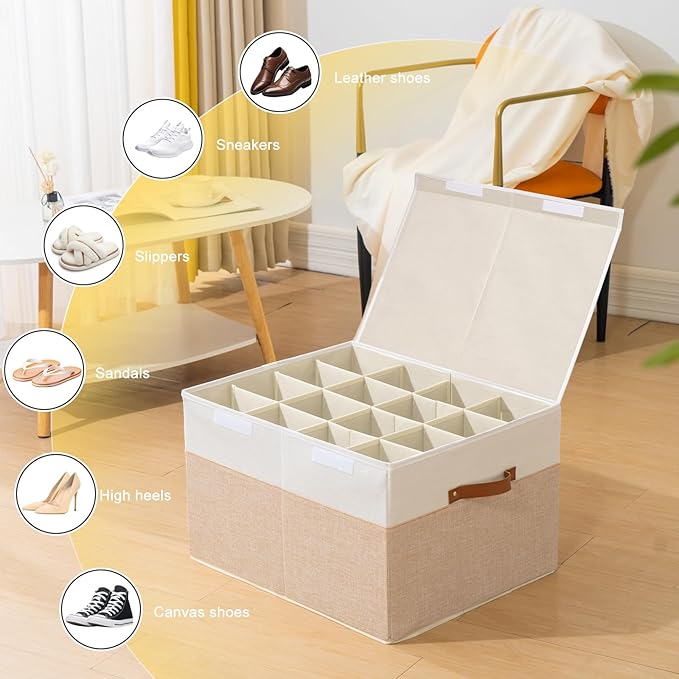 Shoe Organizer 16 Pairs, Large Shoe Storage Box Bin Containers with Adjustable Dividers for Sandals, High Heels, Sneakers, Stackable and Foldable (Beige and White)