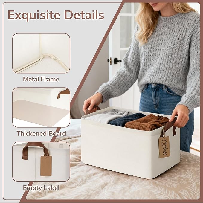 CHICVITA 4 Pack Storage Baskets for Shelves, Collapsible Fabric Closet Baskets for Organizing, Shelf Bins with Metal Frame, Clothes Towel Organizer for Closet, 14.8" x 10.3" x 8.3", Beige
