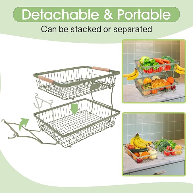 Fruit Basket Bowl 2 Tier Detachable with 2 Banana Hangers, Fruit Stand Holder for Kitchen Countertop, Metal Wire Vegetable Storage Organizer, for Bread Snack Veggies Produce,green