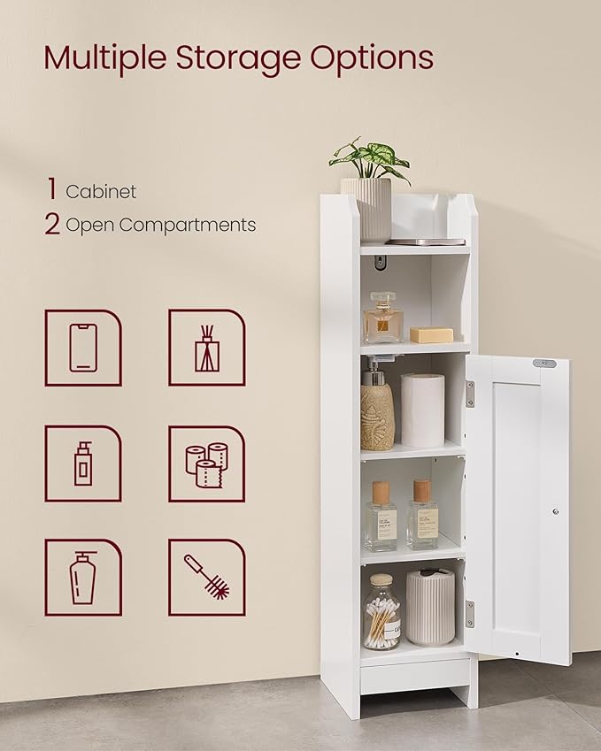 VASAGLE Small Storage Corner Floor Cabinet with Door, 7.9 x 7.1 x 31.5 Inches, Narrow Toilet Paper Storage Holder, Adjustable Shelves, for Bathroom, Living Room, Small Spaces, Cloud White UBBC310W01
