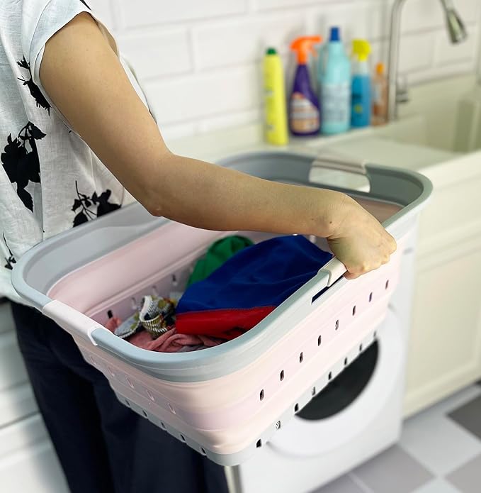 SAMMART 42 (11 Gallons) Collapsible Plastic Laundry Basket, Foldable Pop Up Storage Container/Organizer, Space Saving Hamper, Portable Bin for Dorm Room Bathroom (1, Grey/Pink)