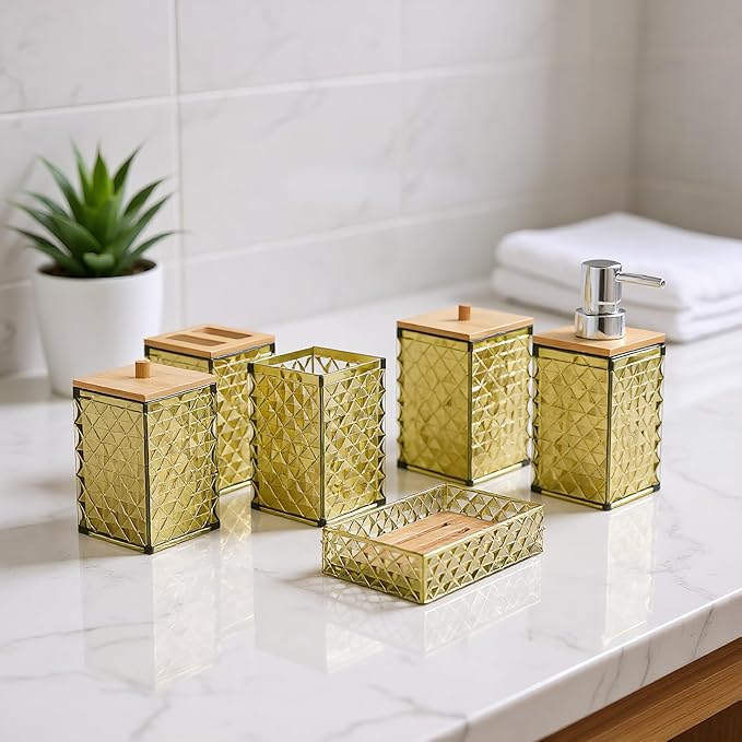 Bathroom Accessory Set,6 Pcs Beige Bathroom Set Include Soap Dispenser, Qtip Holder Dispenser, Soap Dish,Toothbrush Holder & Mouthwash Cup.Boho Bathroom Set