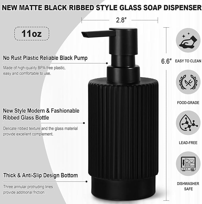 Hand and Dish Soap Dispenser Set for Kitchen, 2 Pack 11 fl oz Matte Black Ribbed Glass Soap and Lotion Dispensers Sets with Pump for Bathroom, Modern Refillable Liquid Soap Pump Bottle