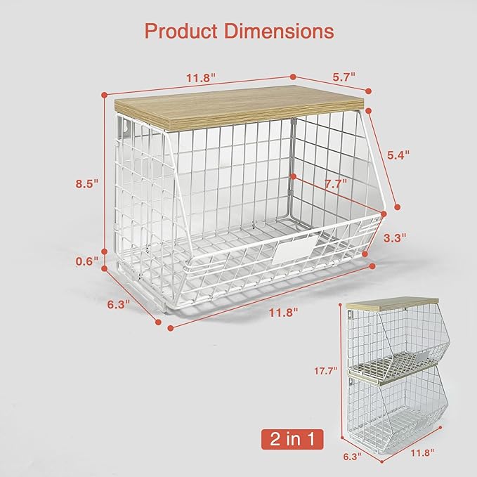 White Fruit Storage Basket for Kitchen Counter Set of 2, Wall Mount Wire Fruit Basket with Shelf with Banana Hanger, Hanging Countertop Organizer for Bathroom Pantry Cabinet, White + Natural