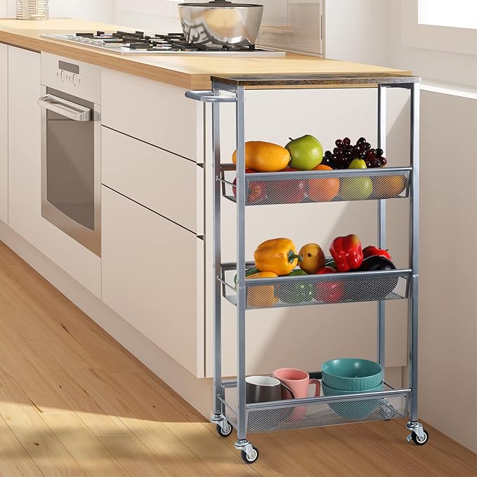 NANANARDOSO 4-Tier Slim Rolling Cart with Wood Top, Narrow Storage Organizer with Wheels & Handle for Kitchen Bathroom Laundry Room, Black, Silver.
