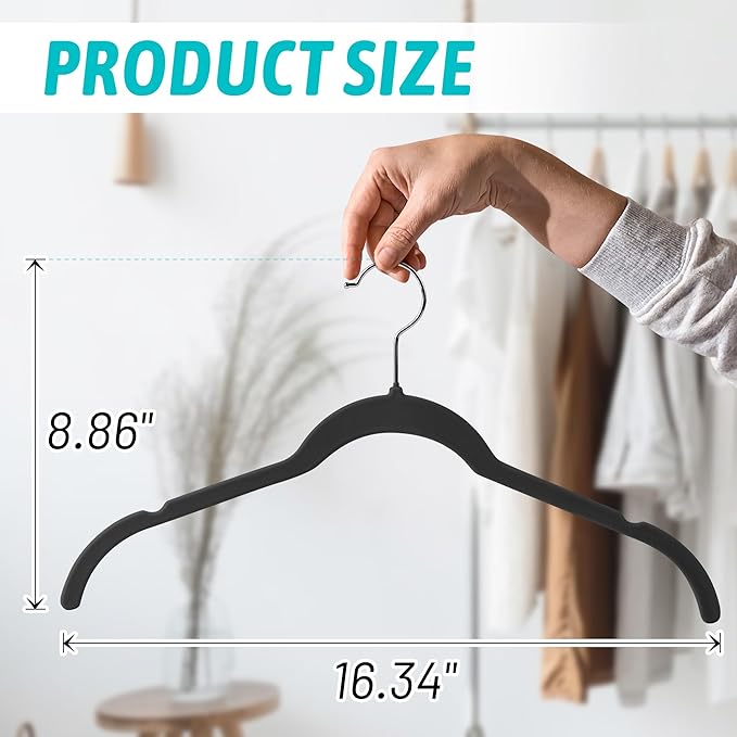 Sishynio Premium Velvet Hangers 50 Pack - Space-Saving Closet Organizer for Clothes, Non-Slip Flocked Design, Ideal for Shirts and Coats (Black)