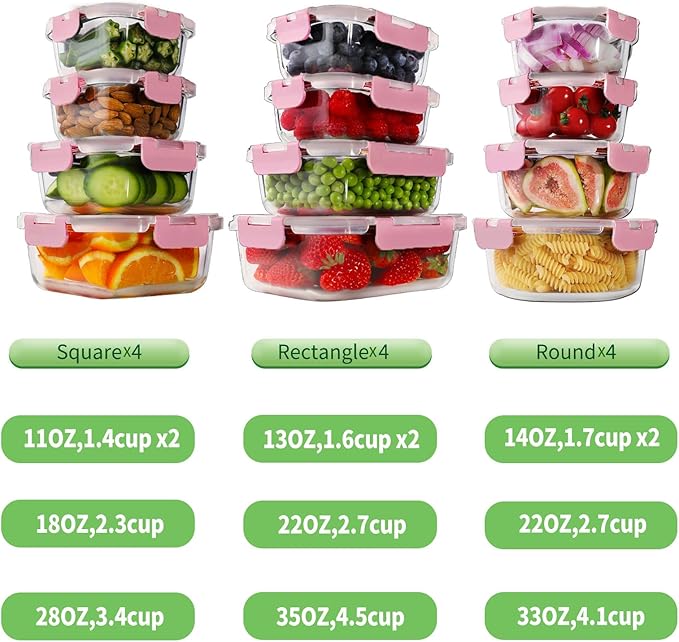 HOMBERKING 24pc Glass Food Storage Containers with Lids, Airtight Glass Bento Boxes, BPA Free & Leak Proof, Pantry Kitchen Storage (12 Lids & 12 Containers) - Pink