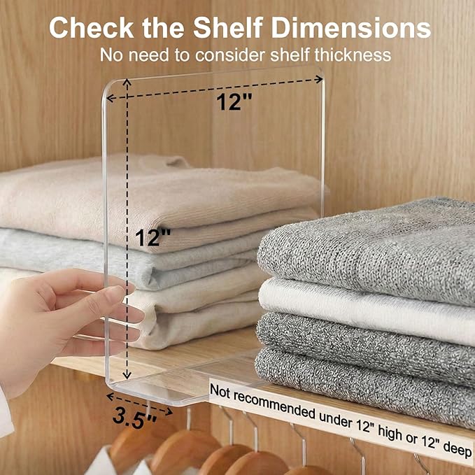 Shelf Dividers for Closet Organization: 12" Tall x 12" Deep, Taller Adhesive Separators Features Acrylic Material and Provides Storage for Clothes and Purses in Bedroom Cabinets(8-Pack)