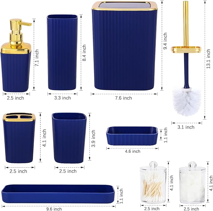 Navy Blue Bathroom Set, 23 PCS Bathroom Accessories Set with Shower Curtains, Trash Can, Toothbrush Holder, Soap Dispensers, Toothbrush Cup, Vanity Tray, Soap Dish, Toilet Brush, Qtip Holders