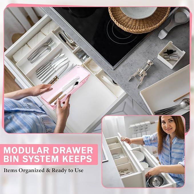 Maitys 12 Pcs Clear Drawer Organizer 9 x 3 x 2 Inches Plastic Rectangle Trays Makeup Vanity Storage Bins and Kitchen Drawers Dividers for Office Desk Silverware Kitchen Utensils(Pink)