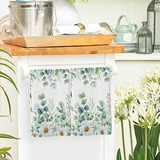 Kitchen Towels Set of 2, Green Eucalyptus Leaves Soft Microfiber Dish Towels, Summer Botanical Watercolor Daisy Absorbent Washable Dishcloths for Kitchen Cleaning, Drying Dishes, 18x28 Inches