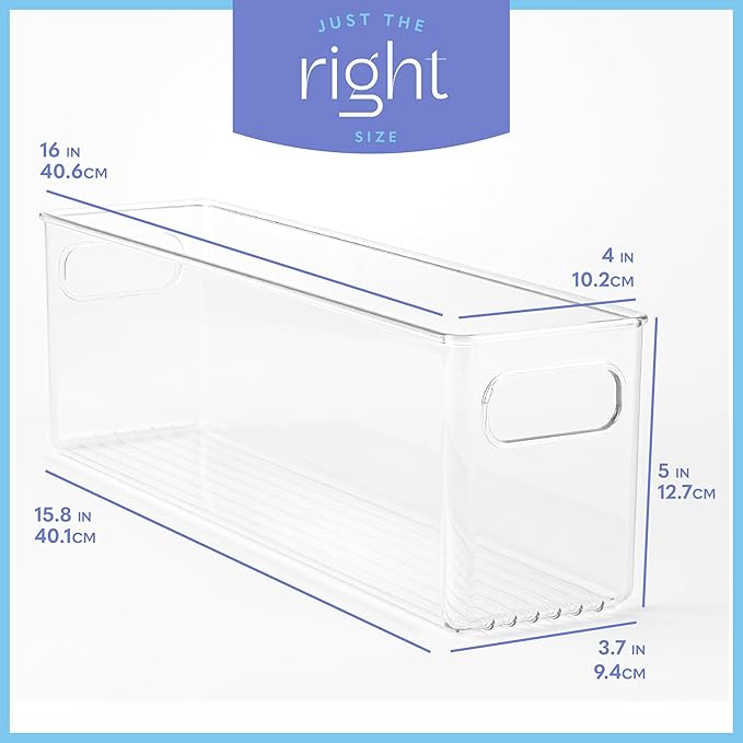 Plastic Food Storage 4 Pack Clear Container Bin with Handles for Organizing Kitchen, Pantry, Fridge, Freezer, Pantry,Bathroom. 16"x4"x5"