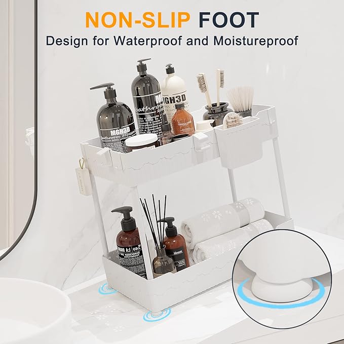 2 Pack Under Sink Organizer, Under Bathroom Cabinet Organizer with Hooks Hanging Cup, Multi-Purpose Storage Shelf for Kitchen Bathroom (White, L)