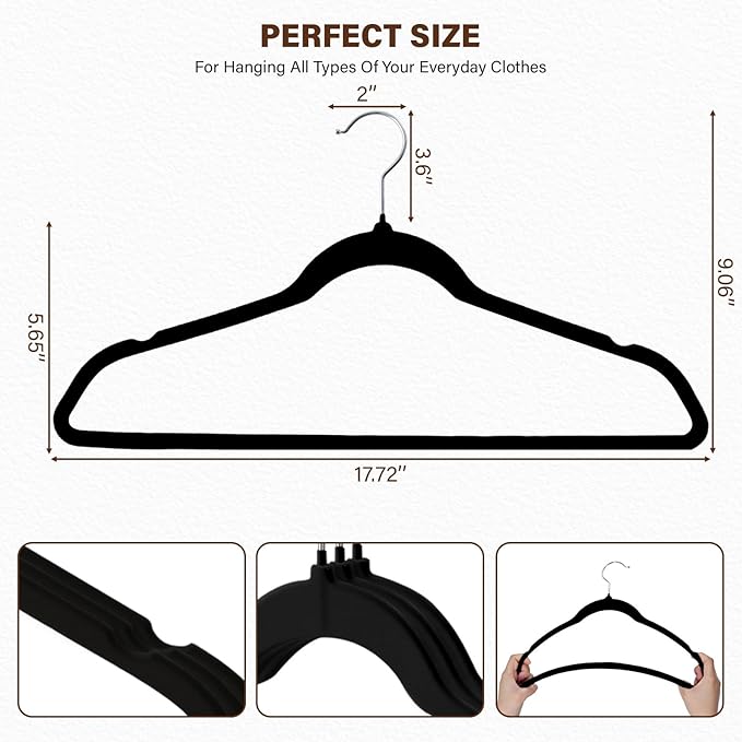 Premium Velvet Hangers 50 Pack, Non-Slip Flocked Felt Hangers, Sturdy Clothes Hangers with 360° Rotatable Hook, Heavy Duty Coat Hanger, Durable Slim Hanger for Closet Space Saving.