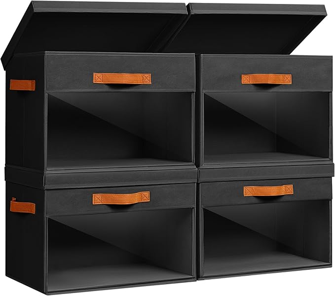 Large Storage Bins with Lids - 4 Pack Foldable Decorative Organizers with Clear Windows & Handles, Cube Storage Organizers for Clothes, Blankets, Sweaters, Sheets, Black