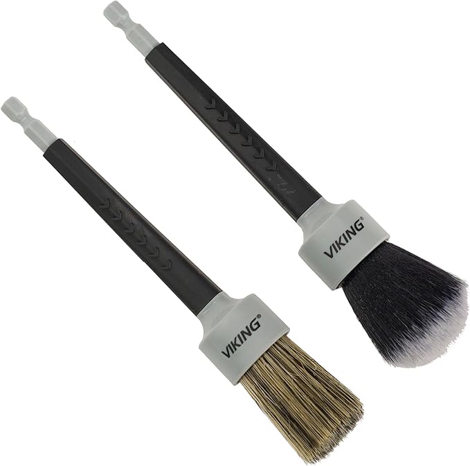 VIKING Drill Detail Brush Set, Professional 2 Pack with Super Soft Bristles for Interior, and Premium Bristle Blend for Exterior Detailing and Car Detailing Kit