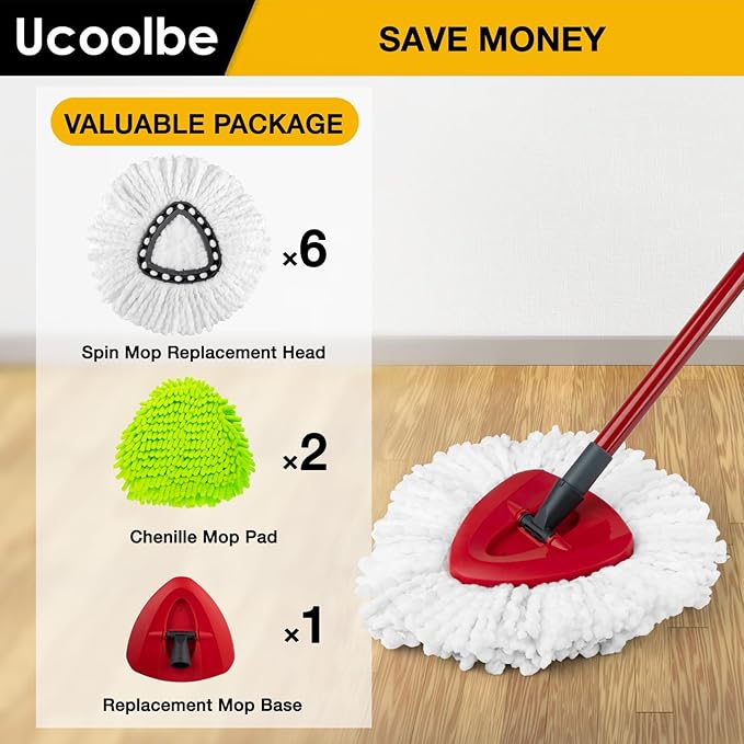 Spin Mop Replacement Heads Compatible with Ocedar EasyWring 1-Tank System, Duster Mop Head for Ocedar, 6 Pack Spin Mop Refills, 2 Pack Chenille Mop Pads, 1 Mop Base for deep Cleaning