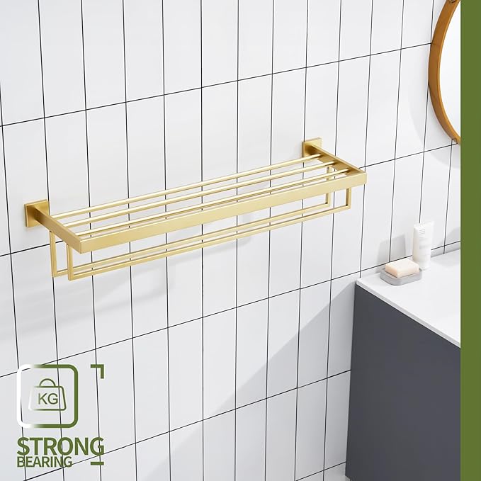 KOKOSIRI 32'' Towel Shelf Holder Bathroom Towel Rack with Two Bath Towel Bars Rails SUS304 Stainless Steel Wall Mount, Brushed Gold B6003BG-L32