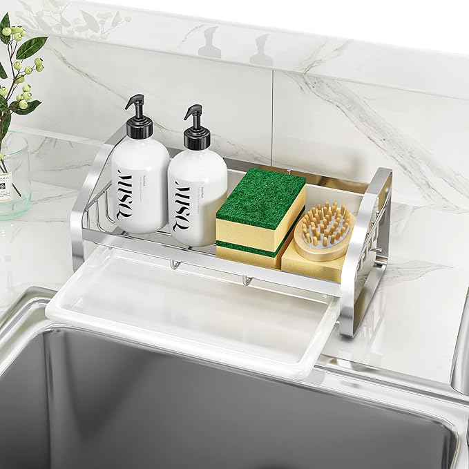 Sink Caddy,Sponge Holder for Kitchen Sink, Kitchen Bathroom Sink Organizer,304 Stainless Steel Kitchen Countertop Organizer Soap Tray with Removable Drain Tray Length Version - Silver