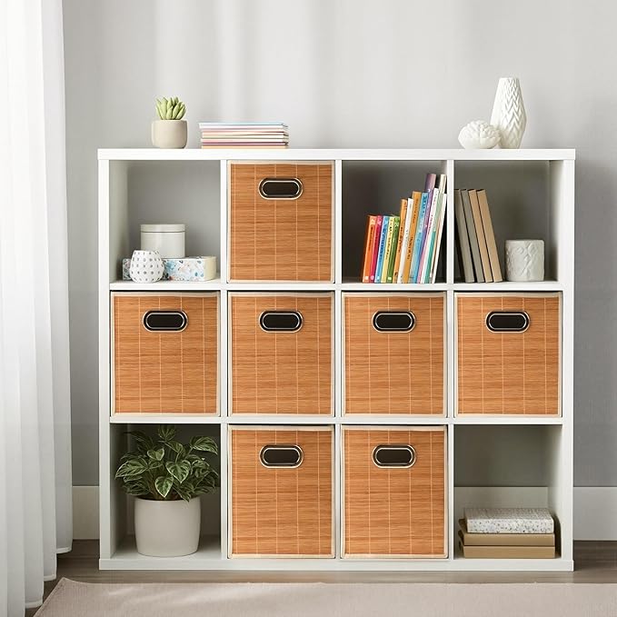 10.5x10.5in Bamboo Storage Cubes Storage Baskets, 6-Pack Foldable Handwoven Bamboo Strip Wicker Basket, Wicker Cube Storage Bins for Organization, Closet, Shelves, Home, Offices