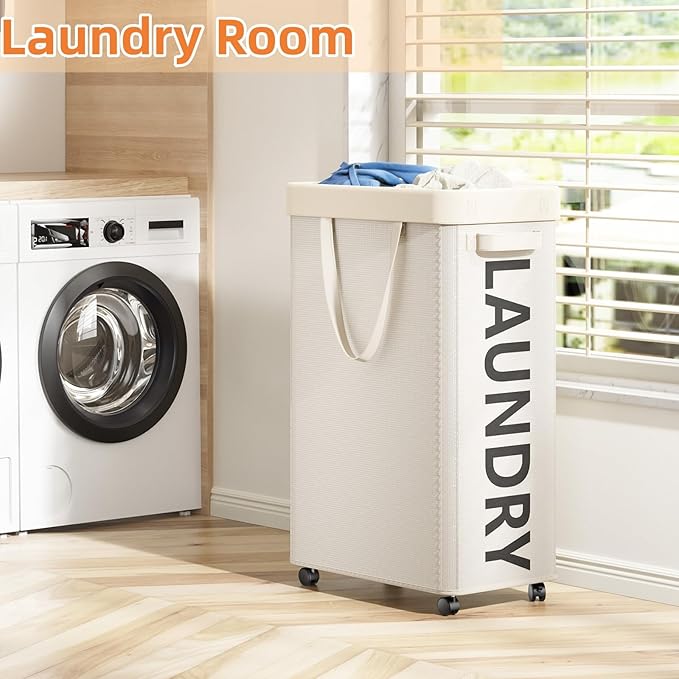 2 Pack Rolling Laundry Basket with Wheels, 90L Hamper with Wheels and Removable Mesh Bag, White Laundry Baskets on Wheels for Bedroom, Dorm, Clothes Hamper Organizer