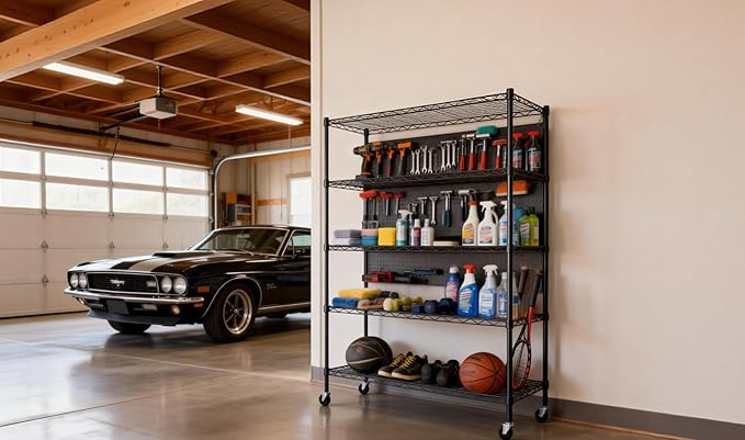 Simple Deluxe 5-Tier Heavy Duty Adjustable Shelf with Wheels, 23.23”W x 13.39”D x 59.45”H,Metal Storage Rack, Easy Tool-Free Assembly for Garage, Warehouse, Basement, Laundry, Black