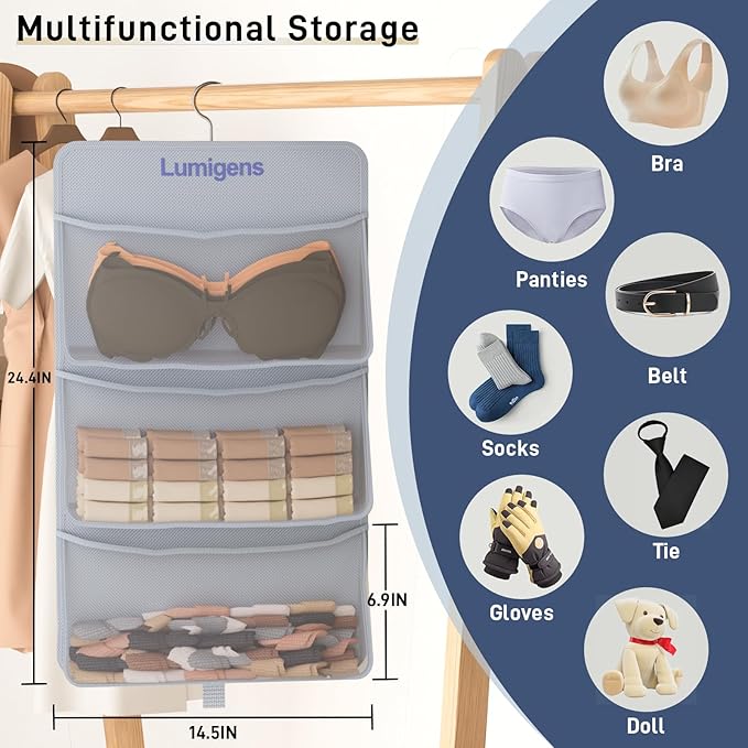 Hanging Closet Organizer with Pockets, Sock & Underwear Organizer, Bra Organizer for Closet Storage with 360° Rotating Hook, Space Saving Hanging Storage for Closet, Bedroom, RV