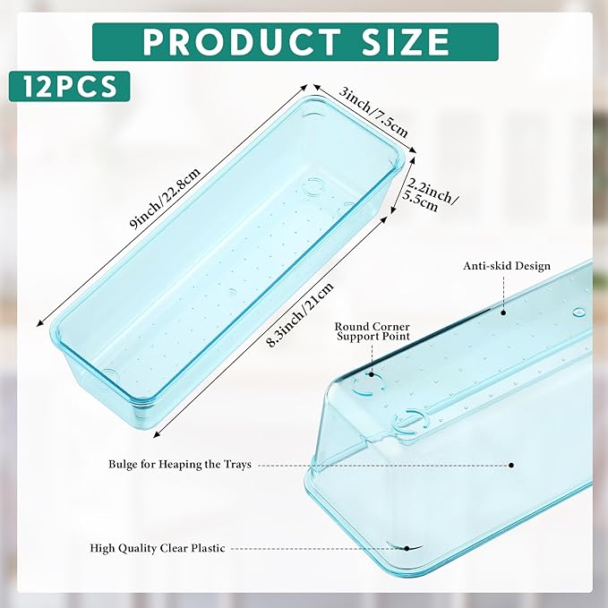 Maitys 12 Pcs Clear Drawer Organizer 9 x 3 x 2 Inches Plastic Rectangle Trays Makeup Vanity Storage Bins and Kitchen Drawers Dividers for Office Desk Silverware Kitchen Utensils(Blue)