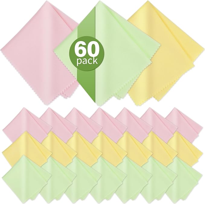 60-Pack Microfiber Cleaning Cloths for Glasses, 6x7 Inch Premium Lens Cleaning Cloth for Screens, Cameras, Eyeglasses, Cell Phone, LCD TV Screens，Pink，Green，Yellow