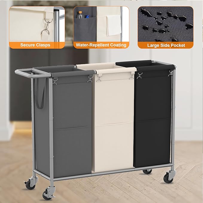 Heybly Laundry Basket, 3 x 18.5 Gal Laundry Separator Hamper with Heavy Duty Rolling Wheels, Laundry Divider Sorter with Removable Bags for Dirty Clothes Storage, 40.2 x 15.4 x 33.1 Inches HLH022P03