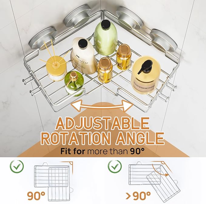LEVERLOC Corner-adaptive Suction Cup Shower Caddies 2 Pack, Stainless Steel Rustproof Corner Shower Shelf, Large Capacity Removable Suction Cup Bathroom Organizer, Drill-Free Wall Mounted Basket, Gray