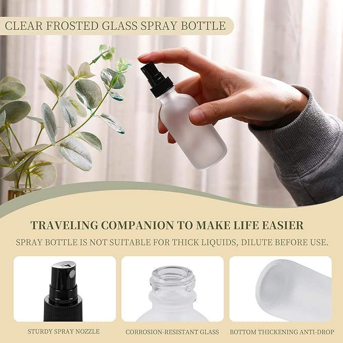 Green Glass Small Spray Bottles 2 oz 24 Packs,Fine Mist Sprayer Pretty Finish,Refillable Containers mini spray bottles for Cleaning Solutions and Skin Care (Clear Frosted 24Pack)