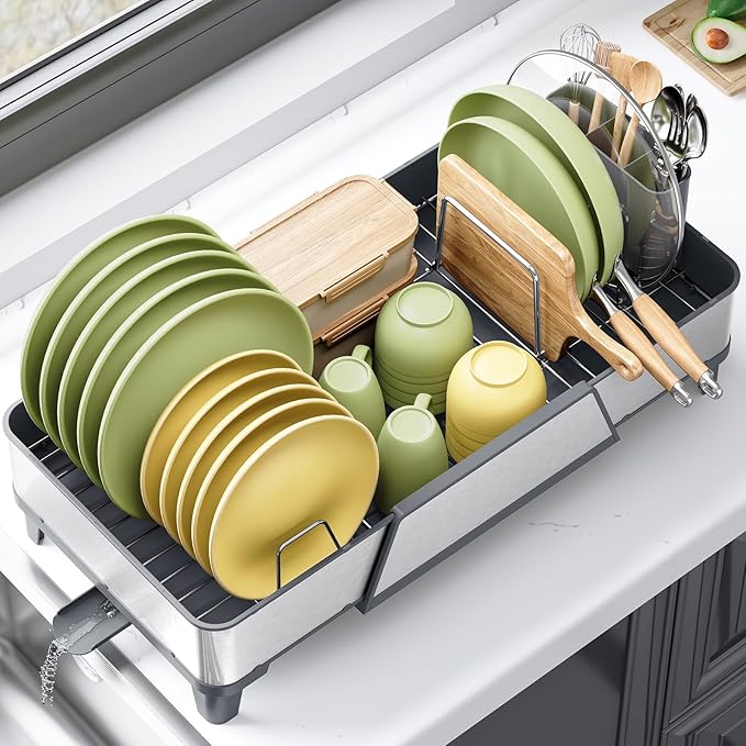 Large Dish Drying Rack - Triple Expandable Dish Rack for Kitchen Counter, Stainless Steel Sink Organization and Storage Essentials with Utensil & Pans Holder for Home and Appartment, Gray