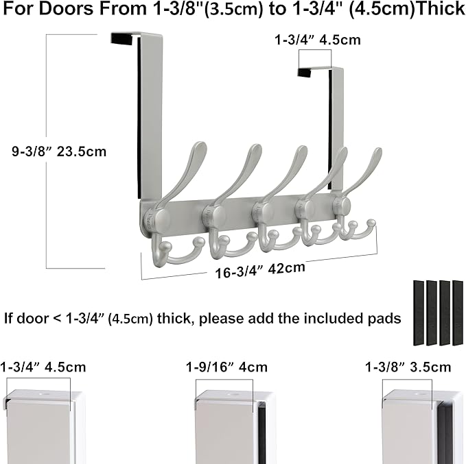 Dseap Over Door Hook 2.0 - Upgraded Version - Simple-Assembly, Strong, Heavy-Duty Stainless Steel 5-Tri-Hook Over The Door Hanger Rack, SimpleStrong Series, Silver, Pack of 2