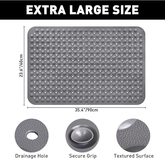 Mofonky Shower Mat Non Slip: 35.4 x 23.6 Inch Extra Large TPE Shower Mats for Inside Shower - Anti Slip Shower Stall Matt with Drain Hole and Suction Cups for Elderly