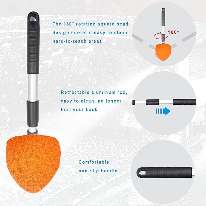 Ziciner Car Windshield Cleaner, Microfiber Auto Cleaning Wiper with Aluminum Extendable Handle and 2 Washable Reusable Cloth Pad Head, Universal Vehicle Interior Exterior Cleaner Kit (Orange-Triangle)