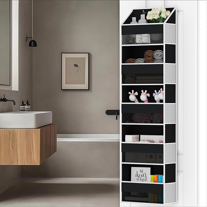 Over Door Organizer - Over The Door Storage Organizer with 5 Large Pockets & 10 Mesh Side Compartments - Heavy-Duty Hanging Storage for Bathroom, Bedroom & Nursery - Room Organizer Solution - Black