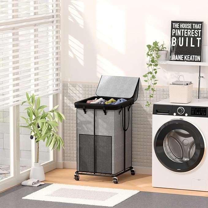 Large Laundry Hampers with Lid, Oxford Fabric Laundry Hampers, Metal Frame and Removable Bag Design with Wheels, Suitable for Bedroom, Bathroom, Dorm Room, Laundry Room (Cationic Gray with Lid)