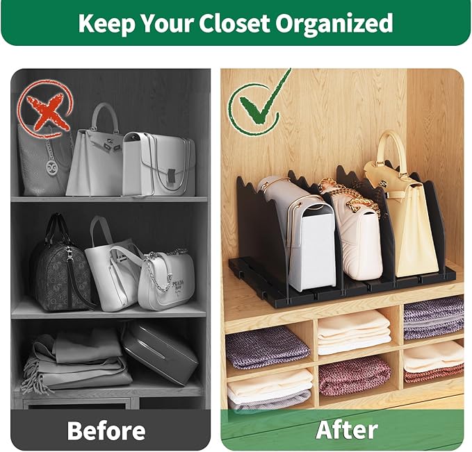 SPACEKEEPER Shelf Divider for Closet, Adjustable Purse Organizers Handbag Separators Storage Organizer Bookshelf Separator Dividers in Bedroom Office Kitchen Bathroom, Black
